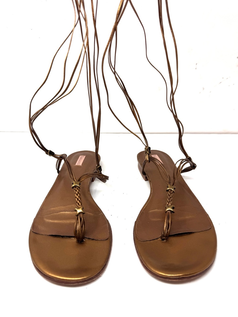 SAMANTA golden/bronze leather gladiator thong sandals, made in Brazil, size 10